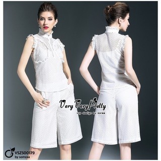 Shirt Sleeveless Upright Collar Black &amp; White Net Polyester Set สอบถามก่อนสั่งนะคะ