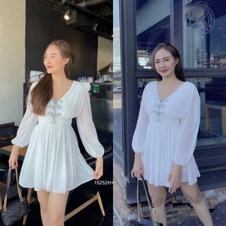 PP15252 เดรสชีฟองแขนยาวอกปักโบว์