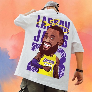 เสื้อยืดผ้าฝ้ายพิมพ์ลายแฟชั่น เสื้อยืดแขนสั้น ทรงหลวม ลาย LeBron James Lakers พลัสไซซ์ แฟชั่นฤดูร้อน