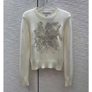 CHRISTIAN DIOR STAR EMBROIDERED COTTON SWEATER IVORY เสื้อกันหนาวแขนยาว สเวตเตอร์ แบรนด์ซีลีน ผ้าไหมพรม ปักรูปดาว