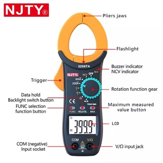 แคลมป์มิเตอร์ NJ TY3266TA Digital Clamp Meter 2000 Counts Auto Range Multimeter with NCV Test AC/DC Voltage