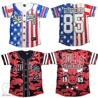 เสื้อยืด สกรีนลายเสื้อเบสบอล⚾ ลายกระดุม chicago bulls supreme baseball t-shirt ชิคาโก้ บลู ซูพรีม