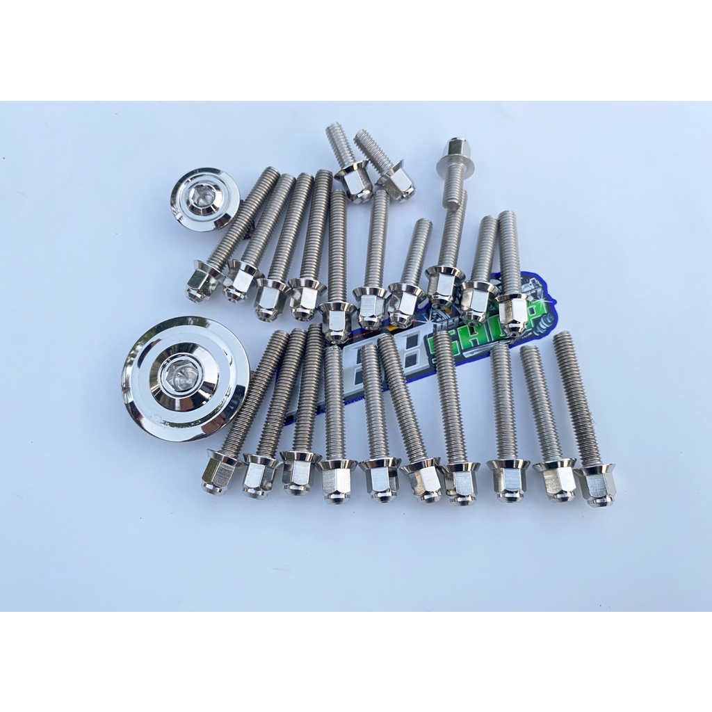 น็อตแคร้งเครื่อง+ปิดจานไฟจี้ลาย สำหรับ เวฟ125R/S/i/วาฬ/บังลม/ดรีม125 น็อตแคร้งเครื่องหัวสนาม เลสแท้100% เกลียวเเข็งเเรง