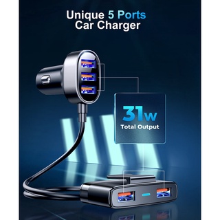 Joyroom JR-CL03 Car Charger 5 Port 31W (2 USB+ 3 USB) ที่ชาร์จในรถแบบ 2 จุด สำหรับติดเบาะหลัง ที่ชาร์จที่จุดบุหรี่