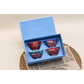 UK WEDGWOODS Bright Red Peony Bowl Premium Bone Porcelain Small Bowl Exquisite Rice Bowl 4-Piece Gift Box