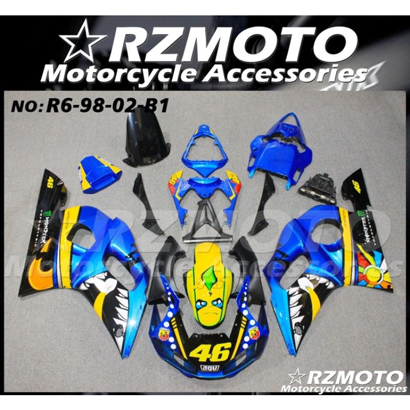 ชุดแฟริ่ง yamaha r6 ปีเก่าสุดชุดสีyamaha r6 YZF R6ปี1998-1999-2000-2001-2002 ชุดแฟริ่ง yamaha r6 ตัว