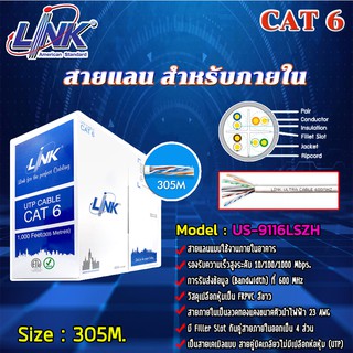 Link สายแลน CAT6 US-9116LSZH (ภายในอาคาร) ยาว 305M. สีขาว