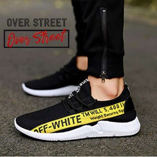 Sneakers รองเท้าผ้าใบผู้ชาย สีดำ-แถบเหลือง (black yellow) ทรงสปอร์ต หุ้มข้อ ยอดนิยม OVER STREET สวมใส่ง่ายสบาย