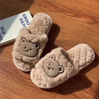 [พร้อมส่ง🐻]รองเท้าใส่ในบ้าน รองเท้าสลิปเปอร์ slipper ลายหมี พื้นยางมีกันลื่น ขนนุ่มฟูมาก