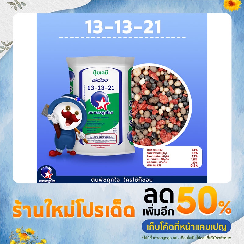 ปุ๋ยสูตร13-13-21ตราดาวลูกโลก