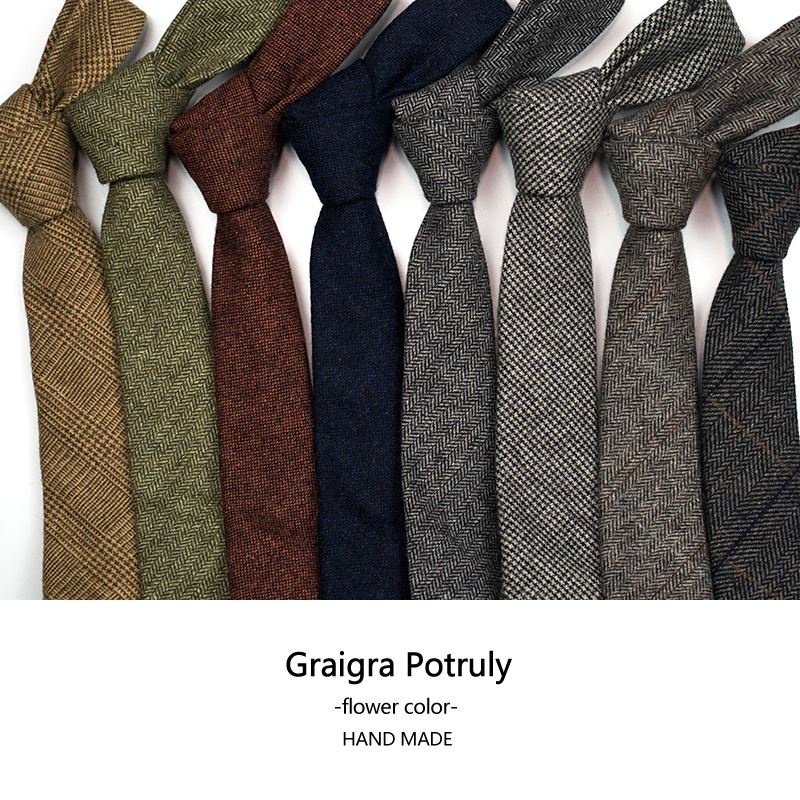 Mens wool tie thousand bird check coffee green wool tie 6cm Navy