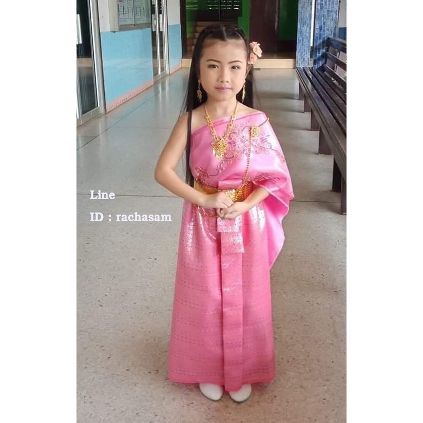 ชุดไทยเด็กหญิง สไบสำเร็จรูปเด็ก ผ้าถุง สไบสองชิ้น + ผ้าถุง เด็ก 3-5 ขวบ