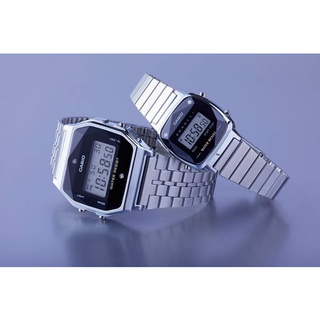 Win Watch shop Casio Digital รุ่น A159WAD1 Dimond Series สายสแตนเลสสีเงิน หน้าปัดดำ ตกแต่งด้วยเพชร ประกันศูนย์ 1 ปีเต็ม