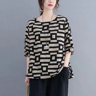 รุ่น-325เสื้อยืดแขนสั้นผ้าฝ้ายผู้หญิง ใหม่สไตล์เกาหลีหลวมขนาดใหญ่ลายสก็อตพร้อมส่ง