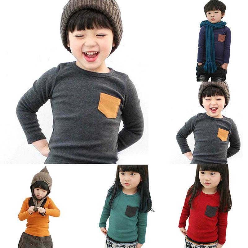 เด็กเสื้อผ้าแขนยาว Crewneck เสื้อยืดกระเป๋าตกแต่งเด็กผู้หญิง TOP 3-6Y