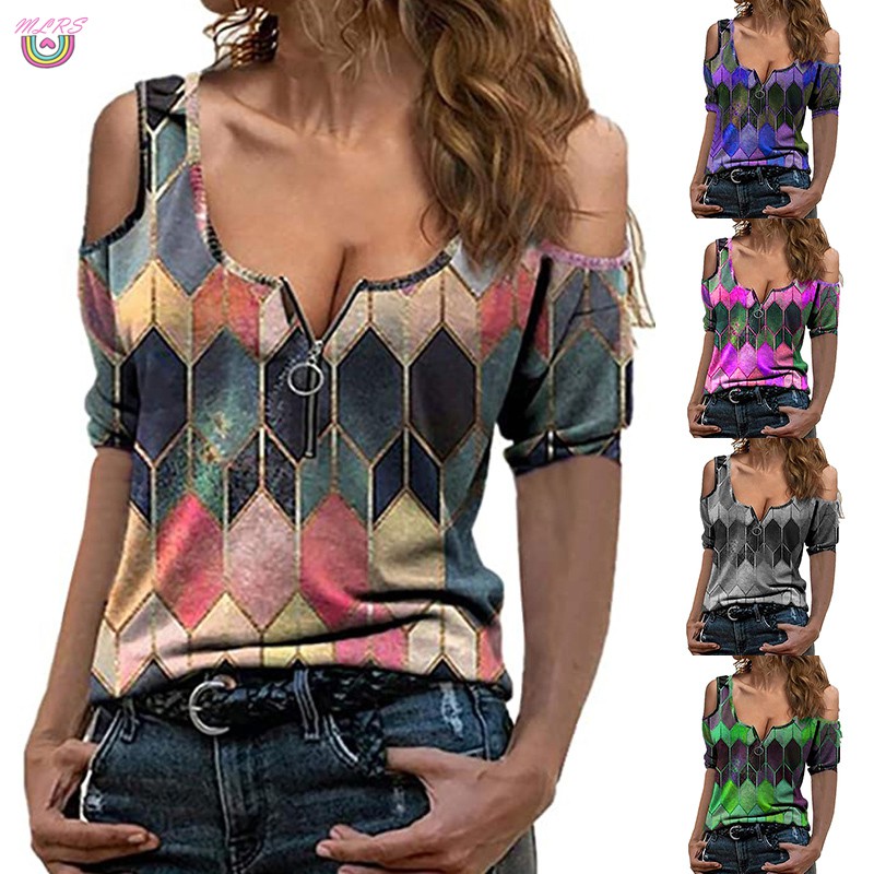 MS Women's V Neck Zipper Tops Cold Shoulder Short Sleeve Tunic T Shirts ...