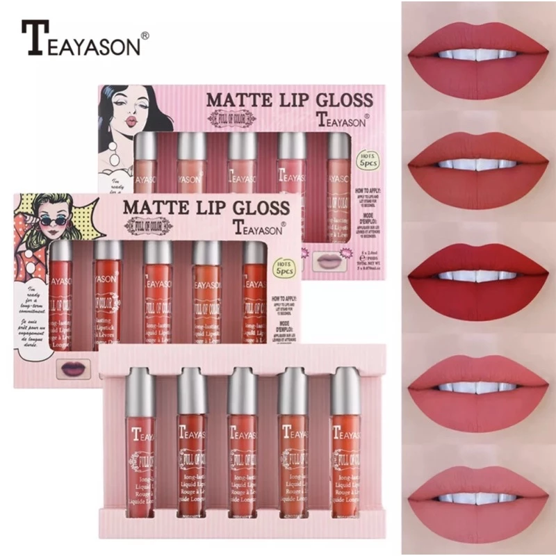 พร้อมส่งเซ็ทลิป 5 สีMtte Lip Mlossเนื้อสัมผัสละเอียดอ่อนและเรียบเนียน,เนื้อแมทท์นั้นง่ายต่อการแต่งหน้าริมฝีปากที่สวยงาม