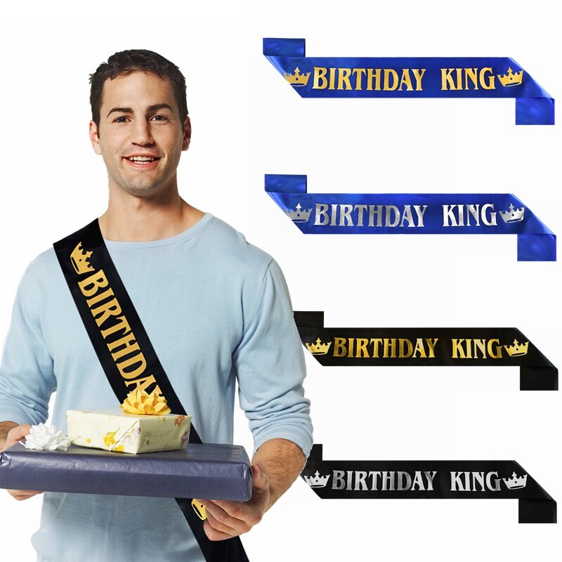สีดําสีฟ้าวันเกิด King Sash Men Boy 18 20 30 40th 50th 60th Happy Birthday Party ซาตินไหล่ริบบิ้นตกแต่ง