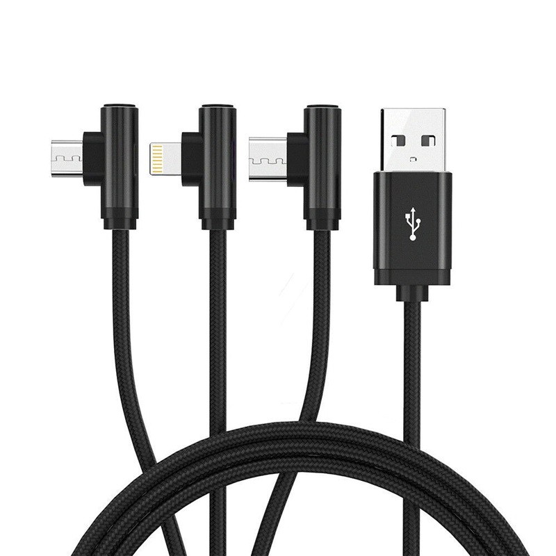 orico (h3s-12) Right-angled 3 in 1 Type-A to Ligh tning + Type-C + Micro Data Cable 1.2 Meter Black