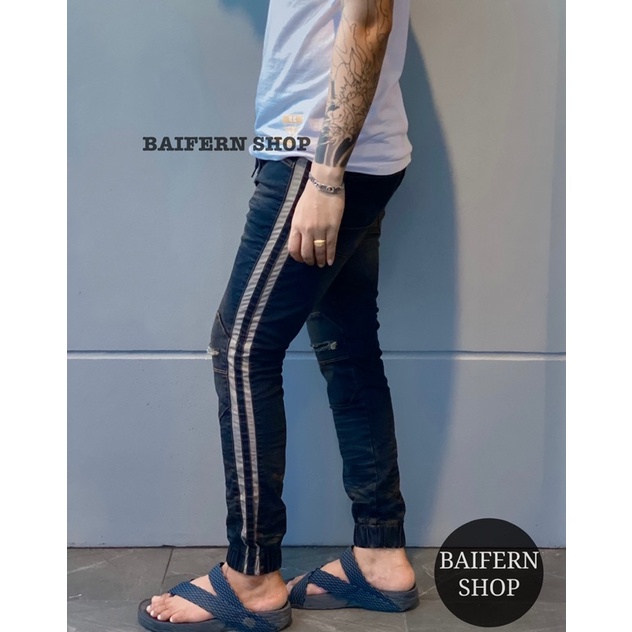 กางเกงยีนส์เอวยืด ผูกเชือกที่เอวได้ แต่งขาดเข่า แถบข้าง ขาจั๊ม - รูปที่ 4