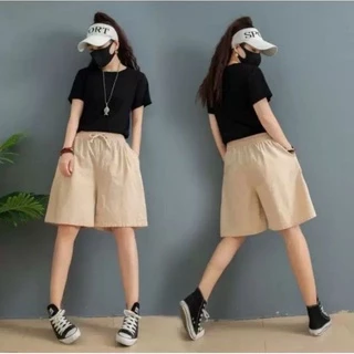 CC001 กางเกงผู้หญิงขาสั้นผ้าลินิน3ส่วน ผสมผ้าฝ้าย สไตล์เกาหลี ขากว้าง สีพื้น มีกระเป๋า 2 ข้าง