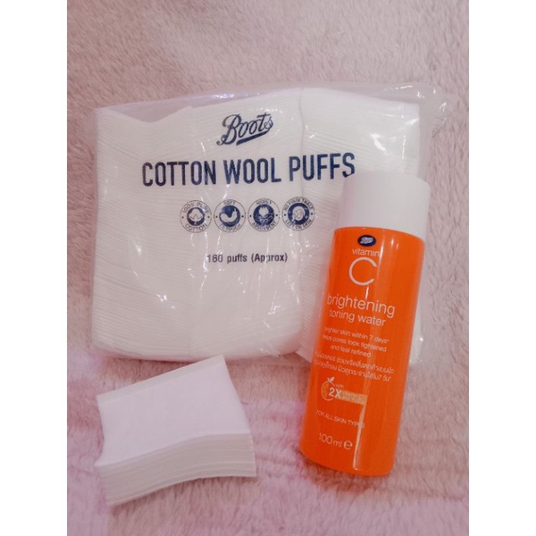 เซตคู่ โทนเนอร์+สำลี Boots Vitamin C Brightening Toning Water+สำลีเช็ดเครื่องสำอาง Boots Cotton
