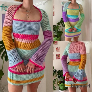 BIGMALL-Women Mini Bodycon Dress Cutout Knitted Contrast Color Stripe Long Sleeve Spring Party Club Wrapped Hip Dress