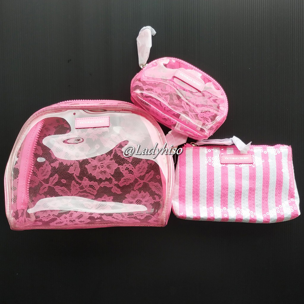 💕Victoria's Secret💕ของแท้💯% เซต Pink Lace &amp; Sequin Nested Bag Trio เชตกระเป๋า 3 ใบ