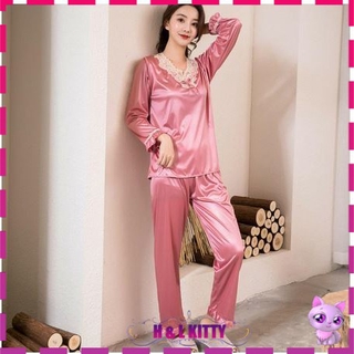 【H&amp;L KITTY】Satin Ice Suit Long Sleeve &amp; Pant Plain Nightwear Lingerie 4 Colour S1149