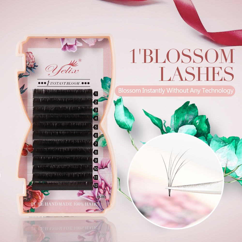 Yelix 1 วินาที Blossom Eyelash Extensions BC + D Curl แต่ละง่ายพัดลม bloom lash อัตโนมัติดอก Lashes ความหนา 0.05 มม.