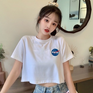 เสื้อครอป คอกลม แขนสั้น พิมพ์ลาย Nasa แฟชั่นเกาหลี สําหรับผู้หญิง