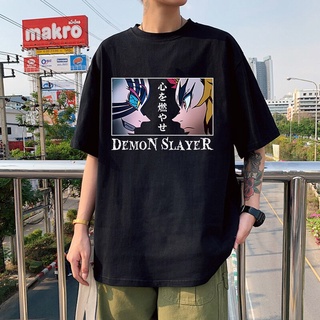 ROUND คอลูกเรือเสื้อยืดแขนสั้น พิมพ์ลายการ์ตูนอนิเมะ Demon Slayer Kimetsu No Yaiba Rengoku แฟชั่นฤดูร้อน สําหรับผู้ชาย แ