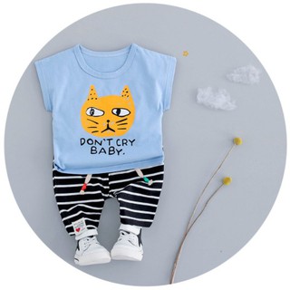 ชุดเด็กน่ารัก เสื้อแขนสั้น ลายแมว dont cry baby สีฟ้า พร้อมกางเกงลายขวาง