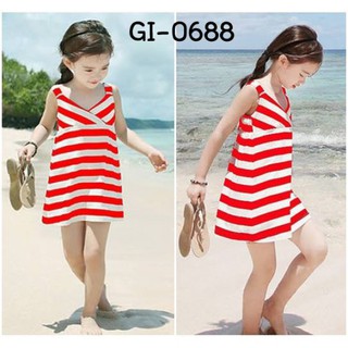 เดรสเด็กผู้หญิง สีขาวสลับแดง สายเดี่ยว คอวี GI0688