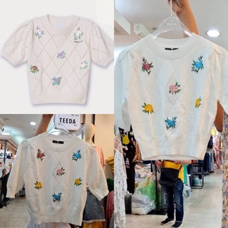 💫New💫(พร้อมส่ง) เสื้อไหมพรมถักฉลุ แขนตุ๊กตาสีขาว