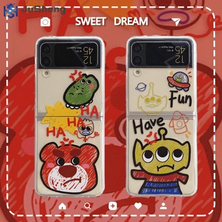 Jusheng เคสโทรศัพท์มือถือ ลายหมีสตรอเบอร์รี่ สามตา แฟชั่น สําหรับ Samsung Z Flip4 Z Flip3 Z Flip2 Z Flip1