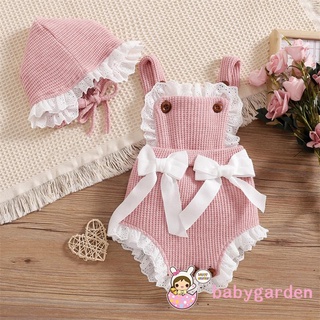 Babygarden-0-18 เดือน ชุดรอมเปอร์ แขนกุด ผ้าถัก ประดับโบว์ สีตัดกัน + หมวก สีชมพู สําหรับเด็กผู้หญิง