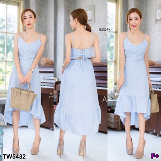 B5432 เดรสสายเดี่ยวลายริ้วทรงระบายหางปลา เว้าหลัง One-shoulder dress with fishtail ruffle detail, back cutout.