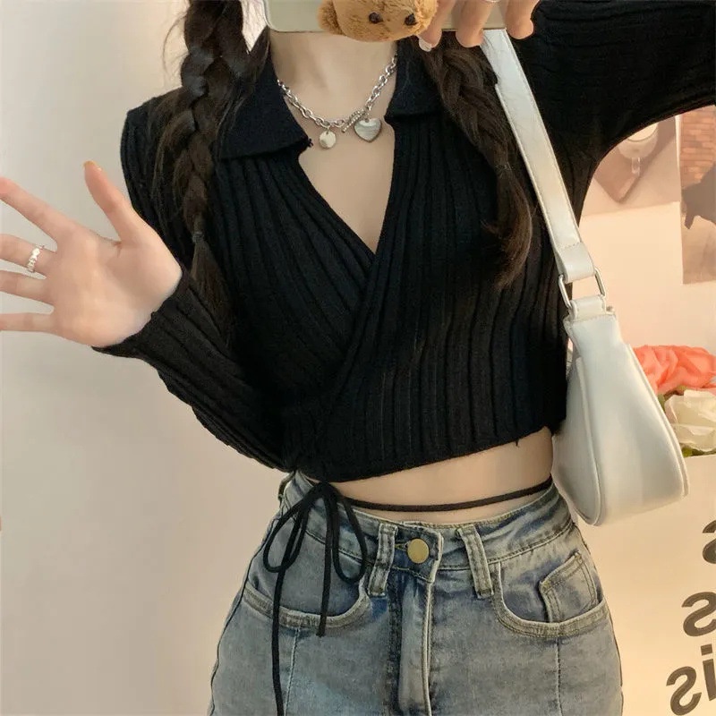 เสื้อยืดแขนยาว เสื้อไหมพรมสายฝอ สายผูกเอว ครอปสายฝอ พร้อมส่ง รหัส28601