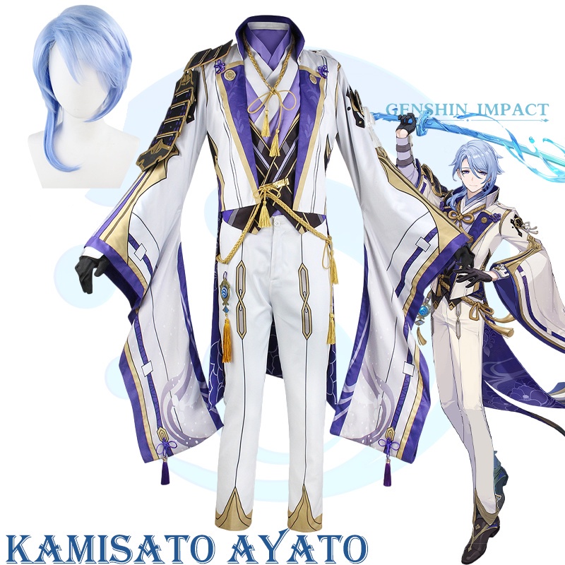 Genshin Impact Kamisato Ayato Cosplay Costume Uniform Wig Anime Halloween Costumes for Men Game