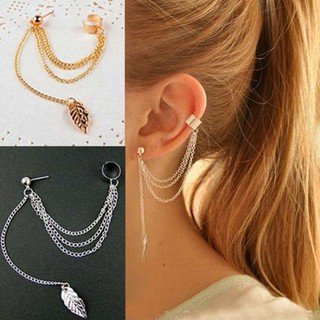 ต่างหู เจาะล่าง หนีบบน ตุ้มหู จิว Leaf Tassel Earrings for Women Ear Cuff Jewelry Gold Color Silver   - 1 ข้าง