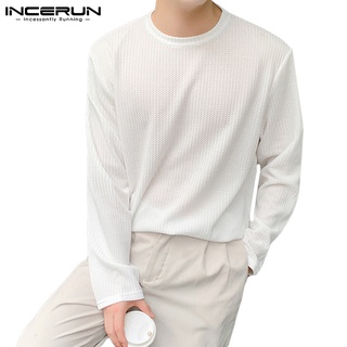 Incerun เสื้อยืด แขนยาว สีพื้น สไตล์เรียบง่าย สําหรับผู้ชาย 4 สี