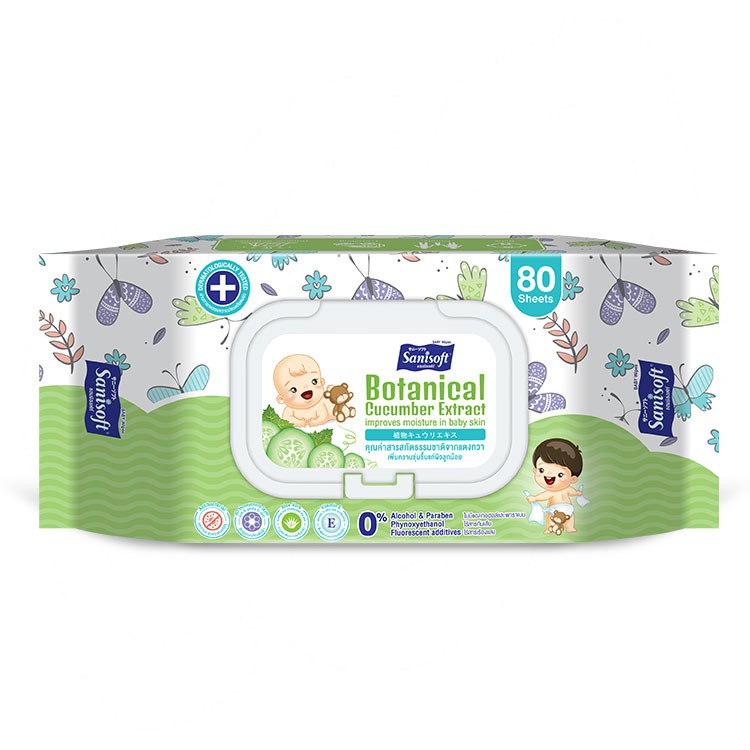 Sanisoft Baby Wipes Botanical Cucumber Extract / แซนนิซอฟท์ ผ้าเช็ดผิวลูกน้อย พร้อมสารสกัดธรรมชาติจา