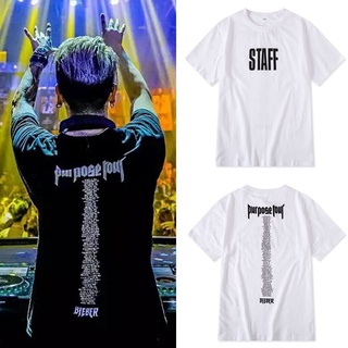 ✙JustinBieber Bieber กับ Purpose Tour STAFF เสื้อยืดแขนสั้น Cotton bottoming สำหรับผู้ชายและผู้หญิง