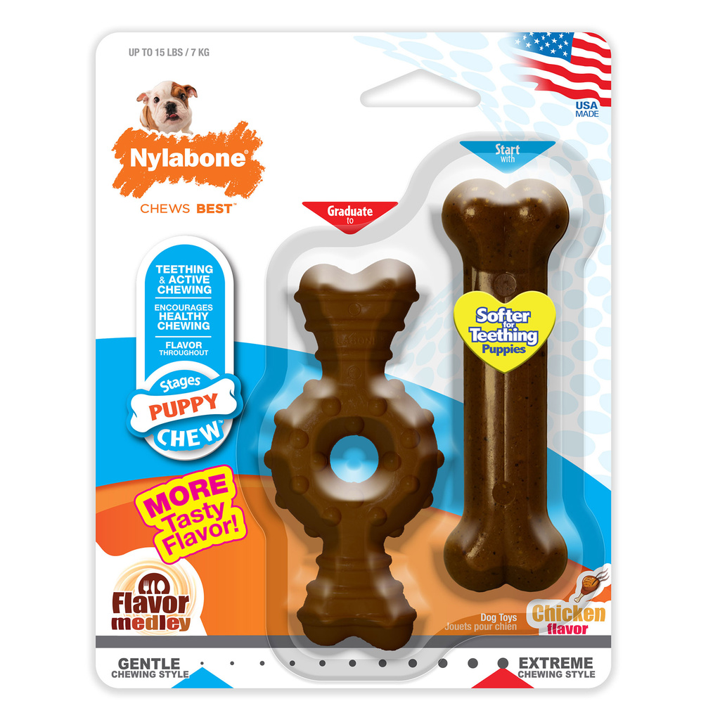 Nylabone Puppy Chew 2/pk ยางกัดลูกสุนัขฟันกำลังขึ้น เนื้อนุ่ม ไร้สารพิษ แก้เครียด รสไก่+เมดเล่ย์