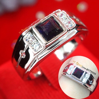 แหวนไพลิน ข้างเพชร แหวนเงินแท้ ชุบทองคำขาว พลอยไพลินแท้ เพชร Swiss YTG-11088