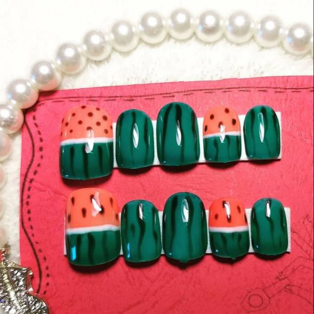 🦄N86‼️พร้อมส่ง💅เล็บปลอมสำเร็จรูป🔥ยาวกลาง🎠ลายแมลงแตงโม💅ฟรีกาว+ตะไบ
