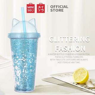 MINISO ขวดน้ำ แก้วน้ำหูแมวทรงสูงพร้อมหลอด Cat Ears Glittery Tumbler 420 ml