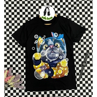 เสื้อยืดแฟชั่นวินเทจ แมวเป่าฟอง