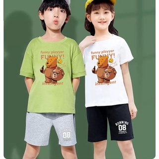 ชุดเซ็ทเด็กแฟชั่น เสื้อยืดลายการ์ตูน+กางเกงขาสั้นสีดำ /  K2183+DD355